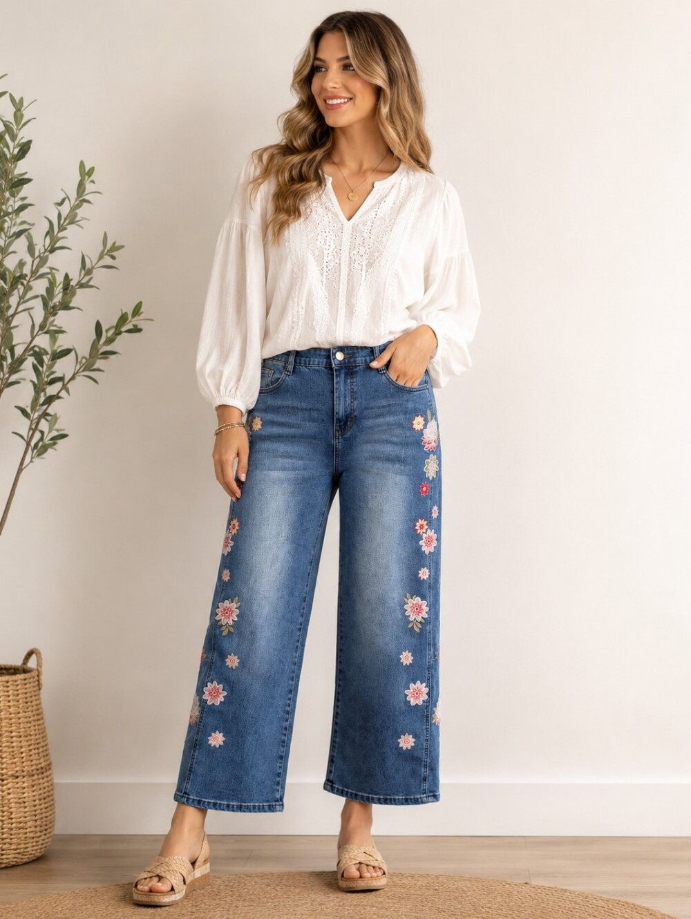 Blue Velvet Floral Embroidered Wide Leg Pull-On Jeans Size XL